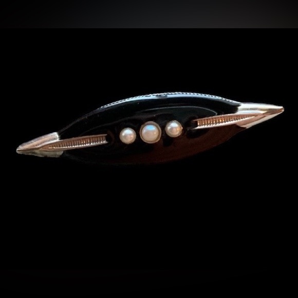 Art Deco Black Silver Tone Pearl Brooch Pin Woman’s Jewelry Pinup Flapper Girl - Picture 3 of 8